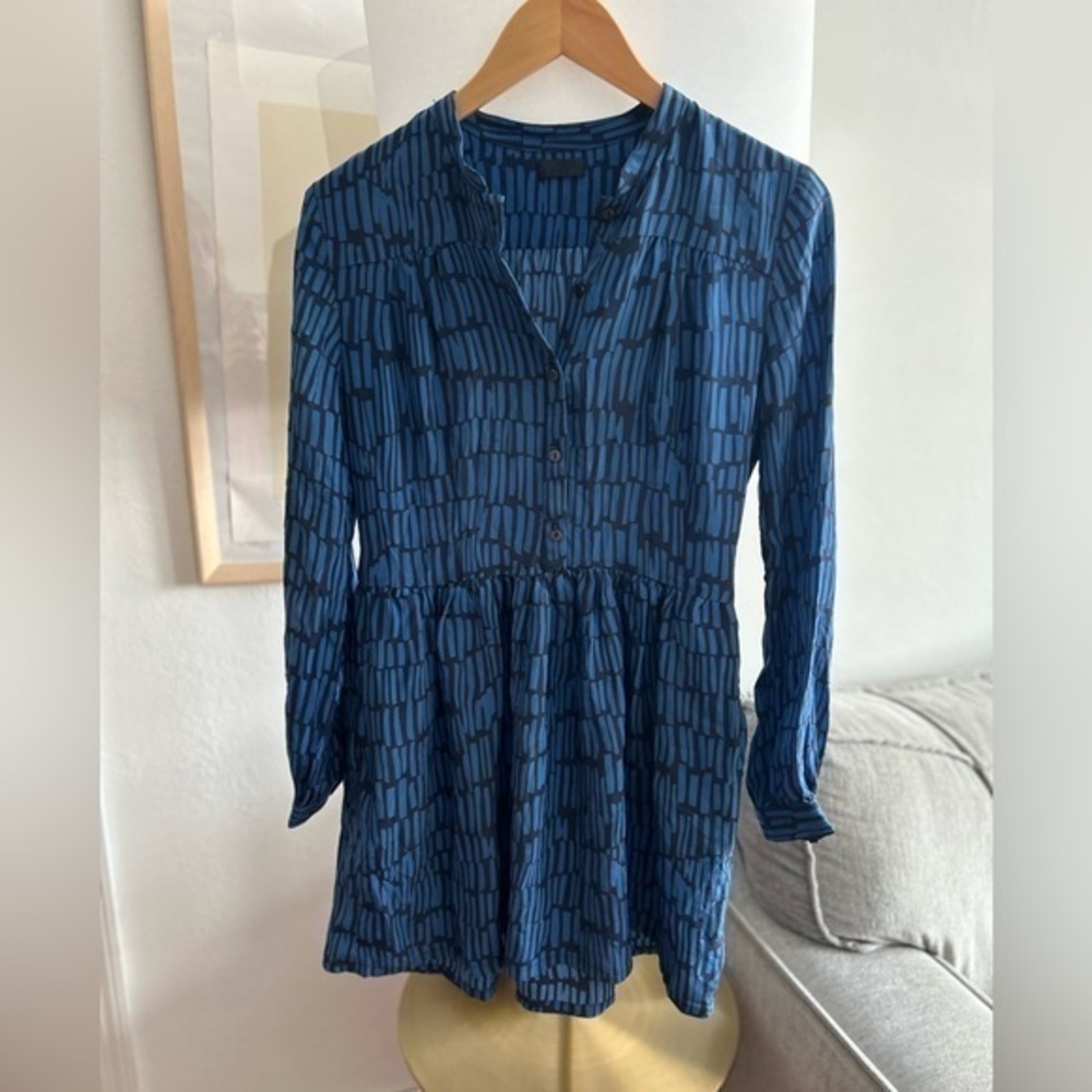 Wren Silk Blue Black Printed shirt Mini Dress  Size S